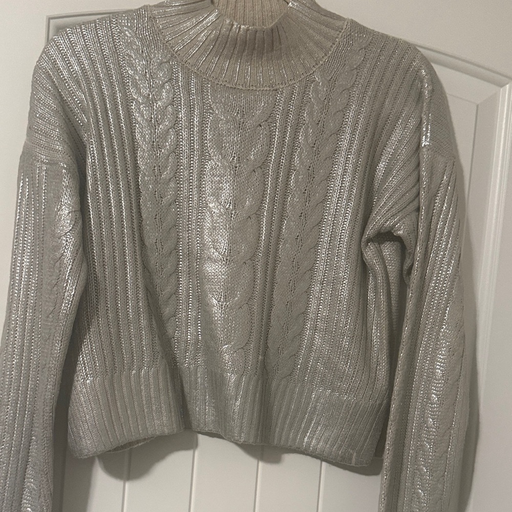 Metallic Silver Cable Knit Sweater